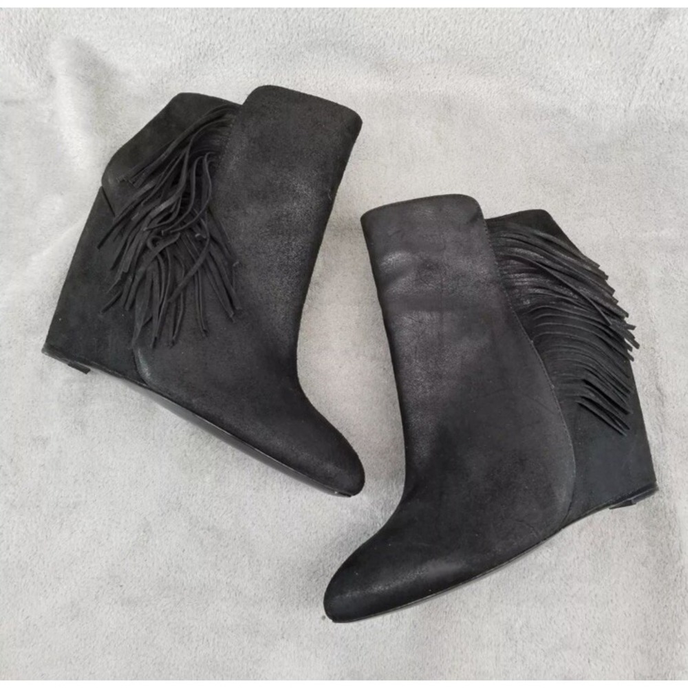 Charles David Bootie 8.5 Black Suede Fringe‎ Cowgirl Western Rocker Grunge Wedge - Picture 8 of 14